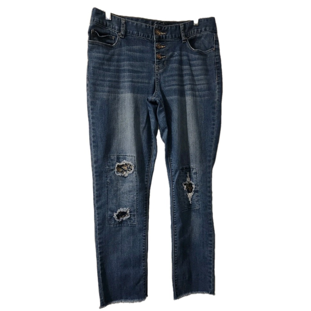 Ariya Jeans Women's Size 11/12  Distressed Patch Blue Stretch Straight  Raw Hem